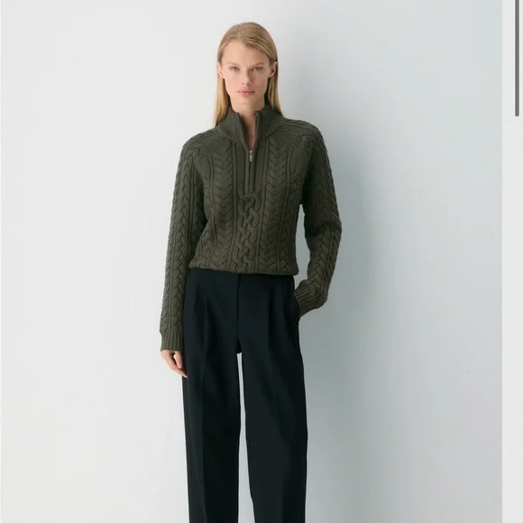 Heritage Knit Merino Wool 1/4 Zip Sweater Dark Olive - Picture 3 of 8